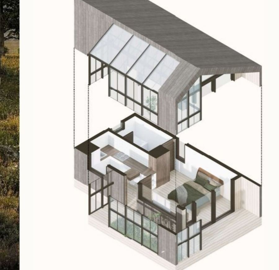 Casa bioclimática 25m² — corte axonométrico