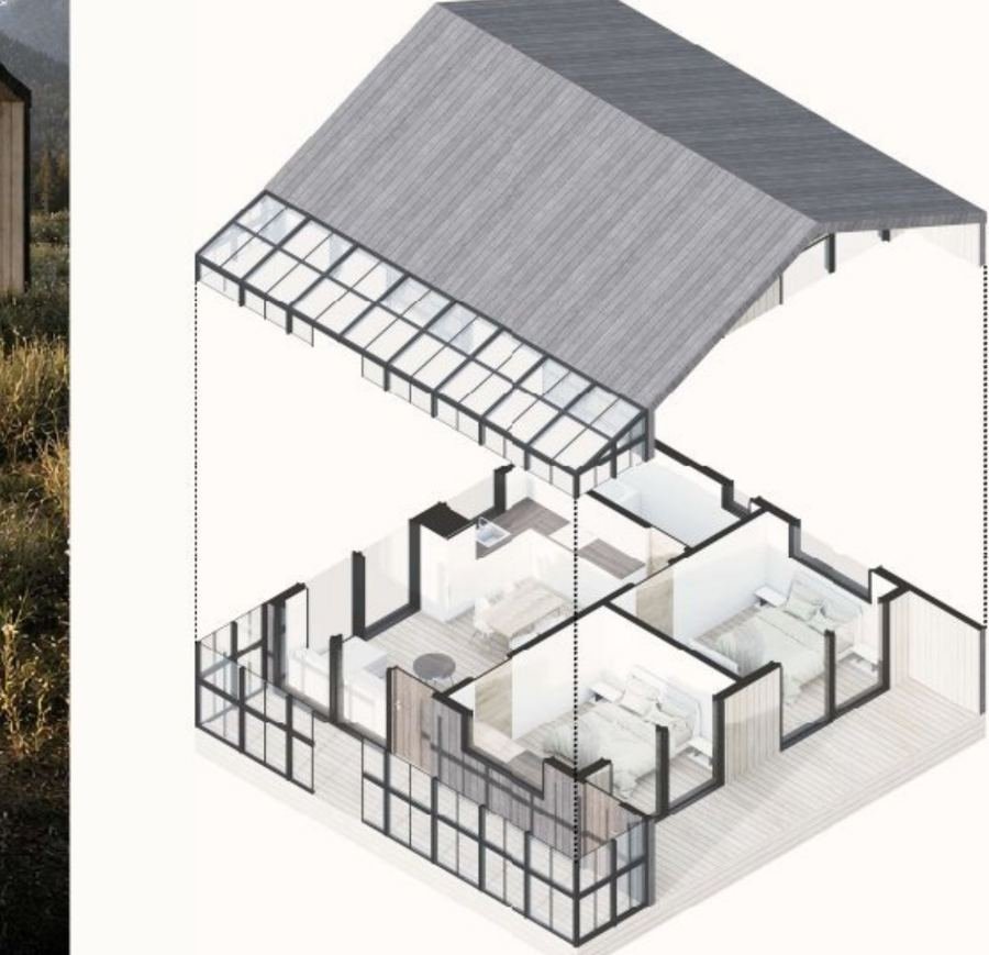 Casa bioclimática 50m² — corte axonométrico
