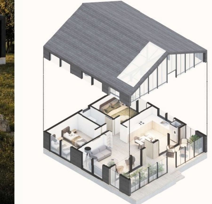 Casa bioclimática 65m² — corte axonométrico