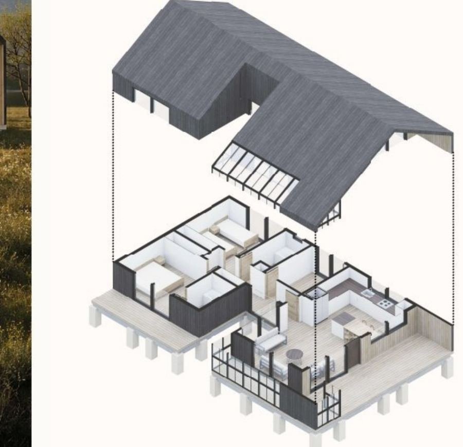 Casa bioclimática 85m² — corte axonométrico